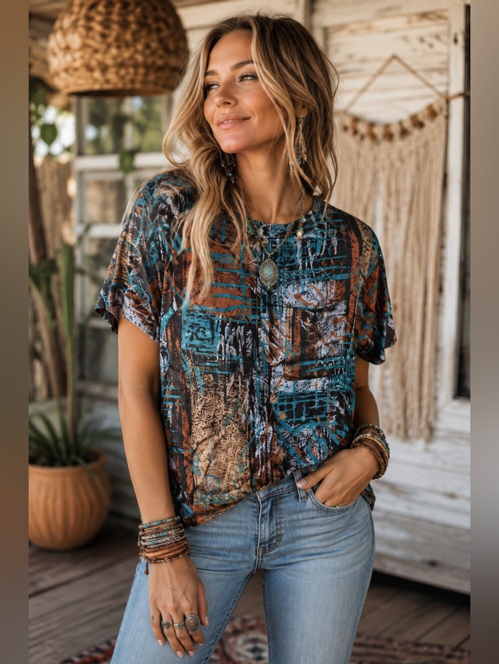 Vntg Cristina Made USA Abstract Boho Top Women's Short Sleeve Artsy 90s Blouse